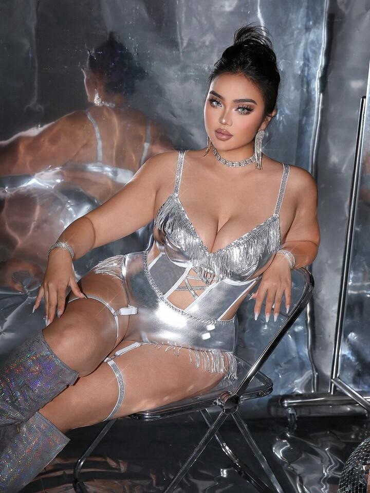 Wet Look Shiny Metallic Silver Vixen Hi Cut Teddy Bodysuit PLUS 4XL 4X NEW