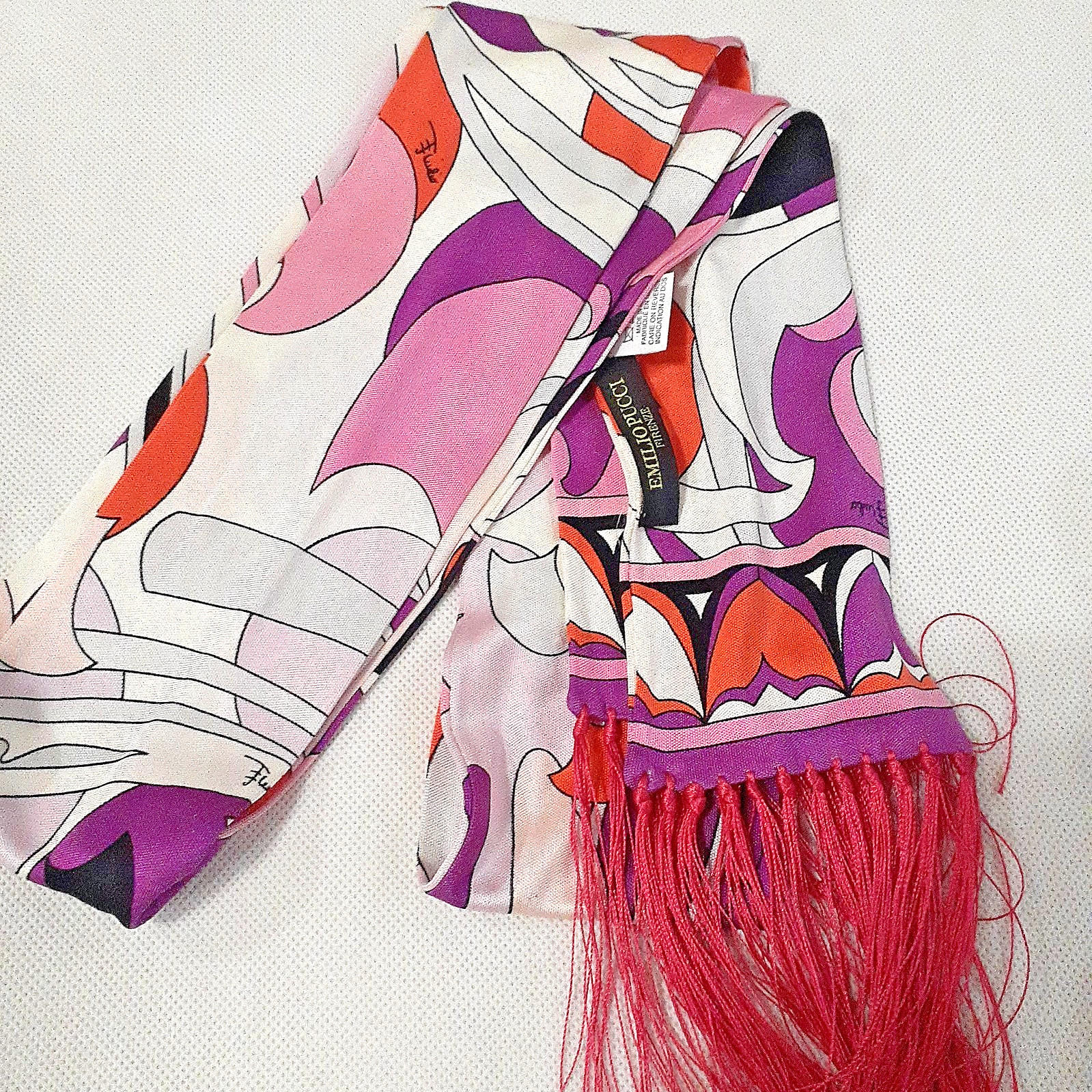 Emilio Pucci Silk Scarf Ribbon Purple Multicolor Geometric Narrow Fringe 182x9cm