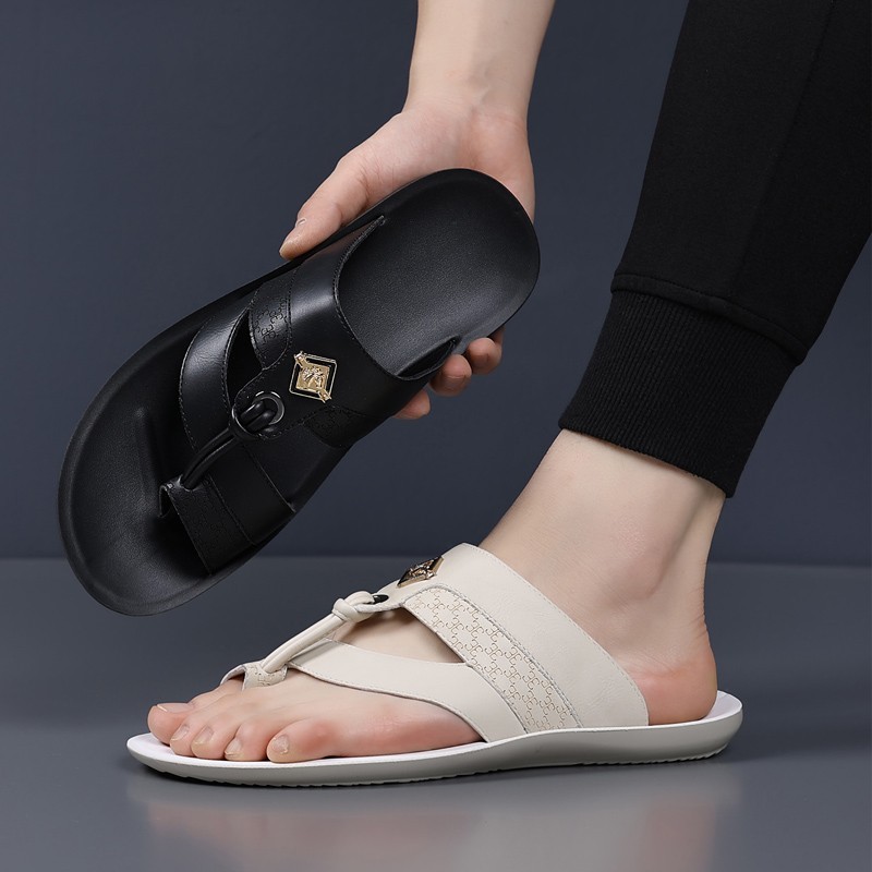 Men’s Metal Decor Thong Slide Sandals, Embossed PU Leather, Comfort Rubber Sole