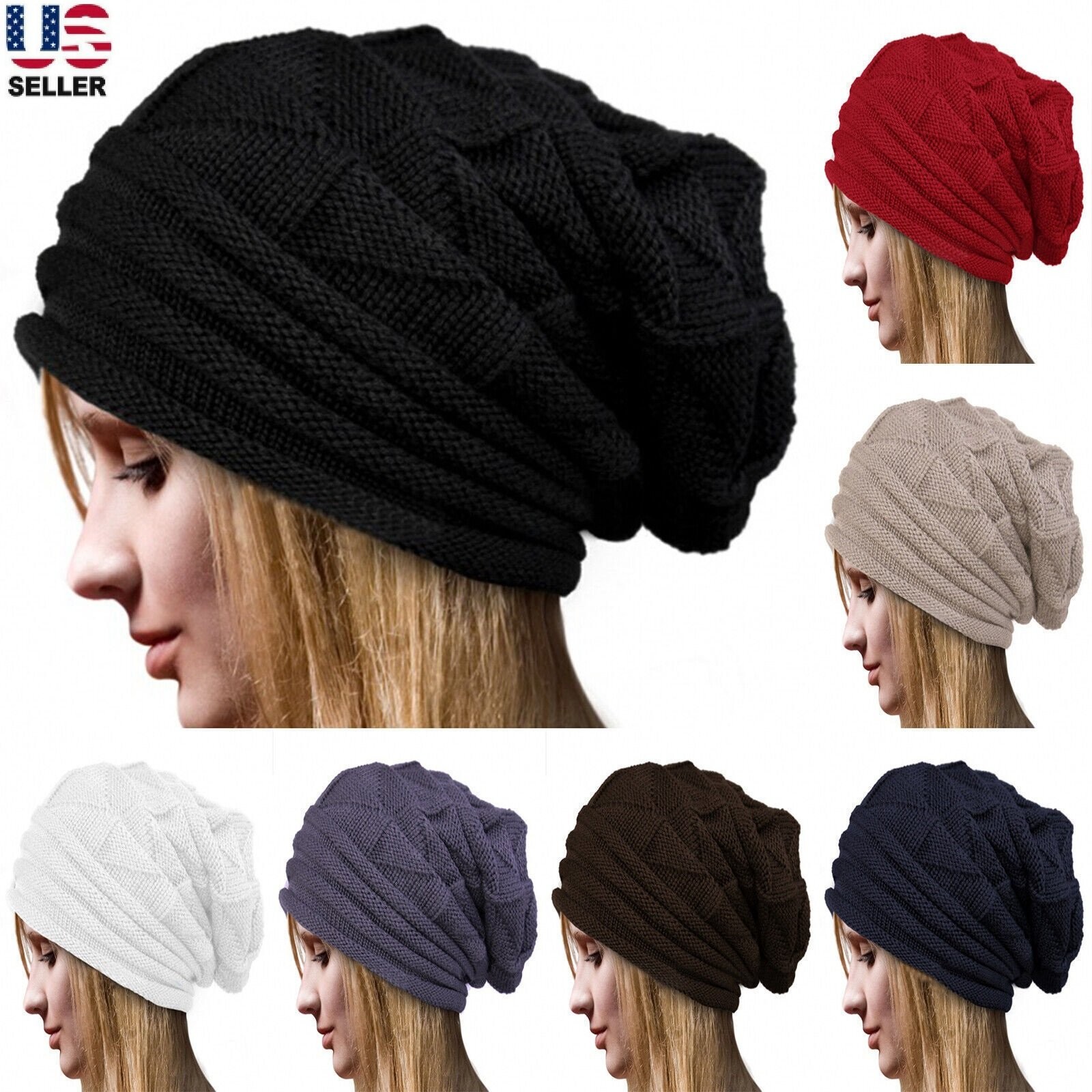 Women Men Winter Crochet Slouch Hat Wool Knit Beanie Baggy Warm Ski Caps Fashion