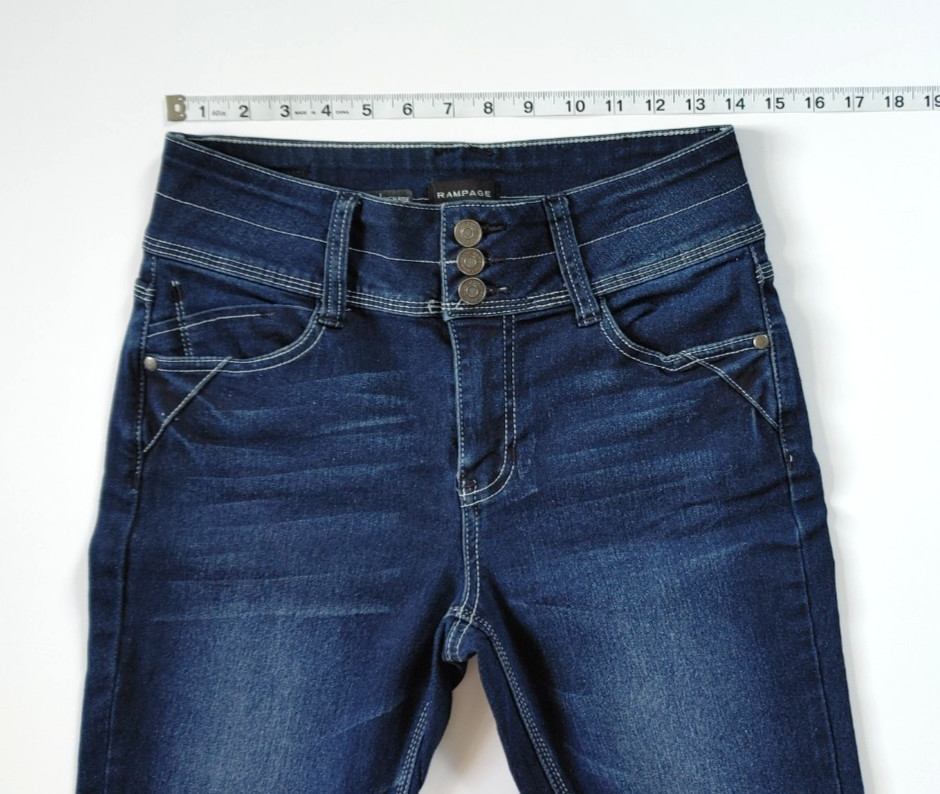 RAMPAGE “WES” Ladies 9 Skinny Stretch High Rise Jeans Dark Blue White Stitch EUC