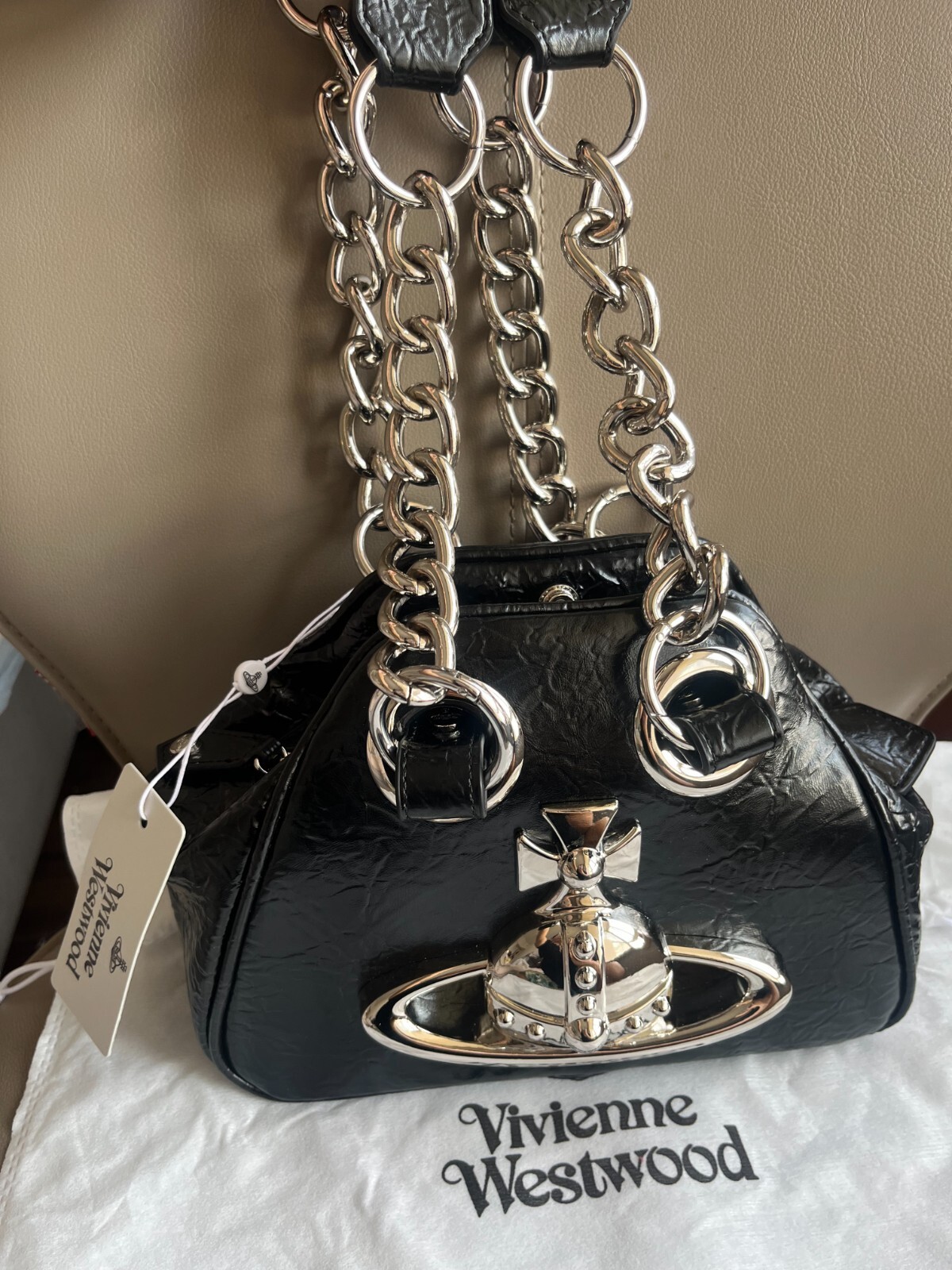 Vivienne Westwood Big Orb 2Chain Strap Black Leather Shoulder Bag