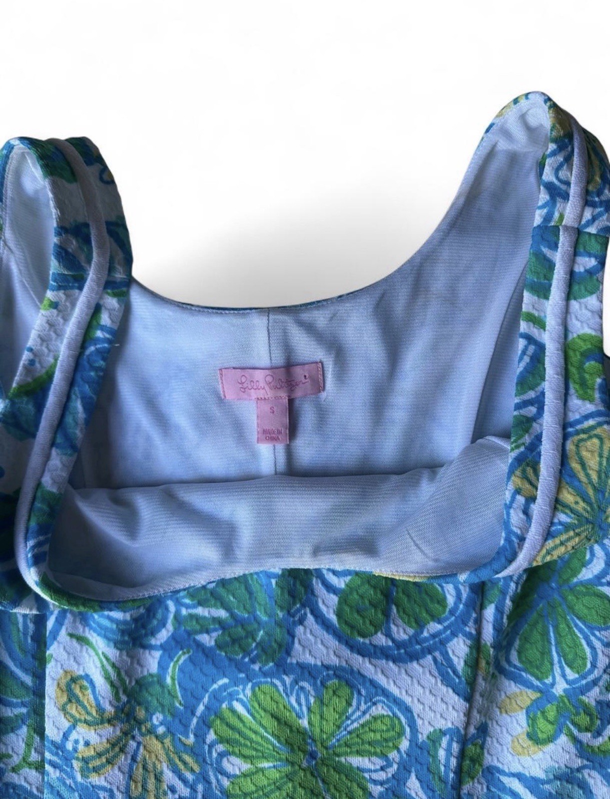 Lilly Pulitzer Lola Shift Resort Dress Blue Green Floral Pique Sleeveless Size S