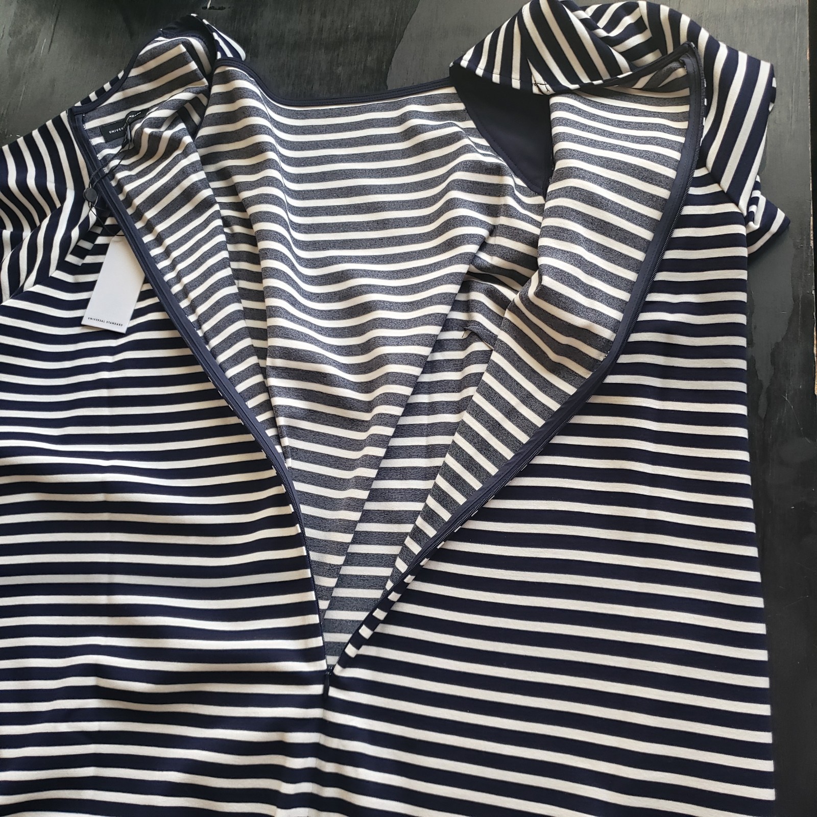 Universal Standard Dress 22/24 Envelope Neck Rayon Ponte Knit Navy White Stripe