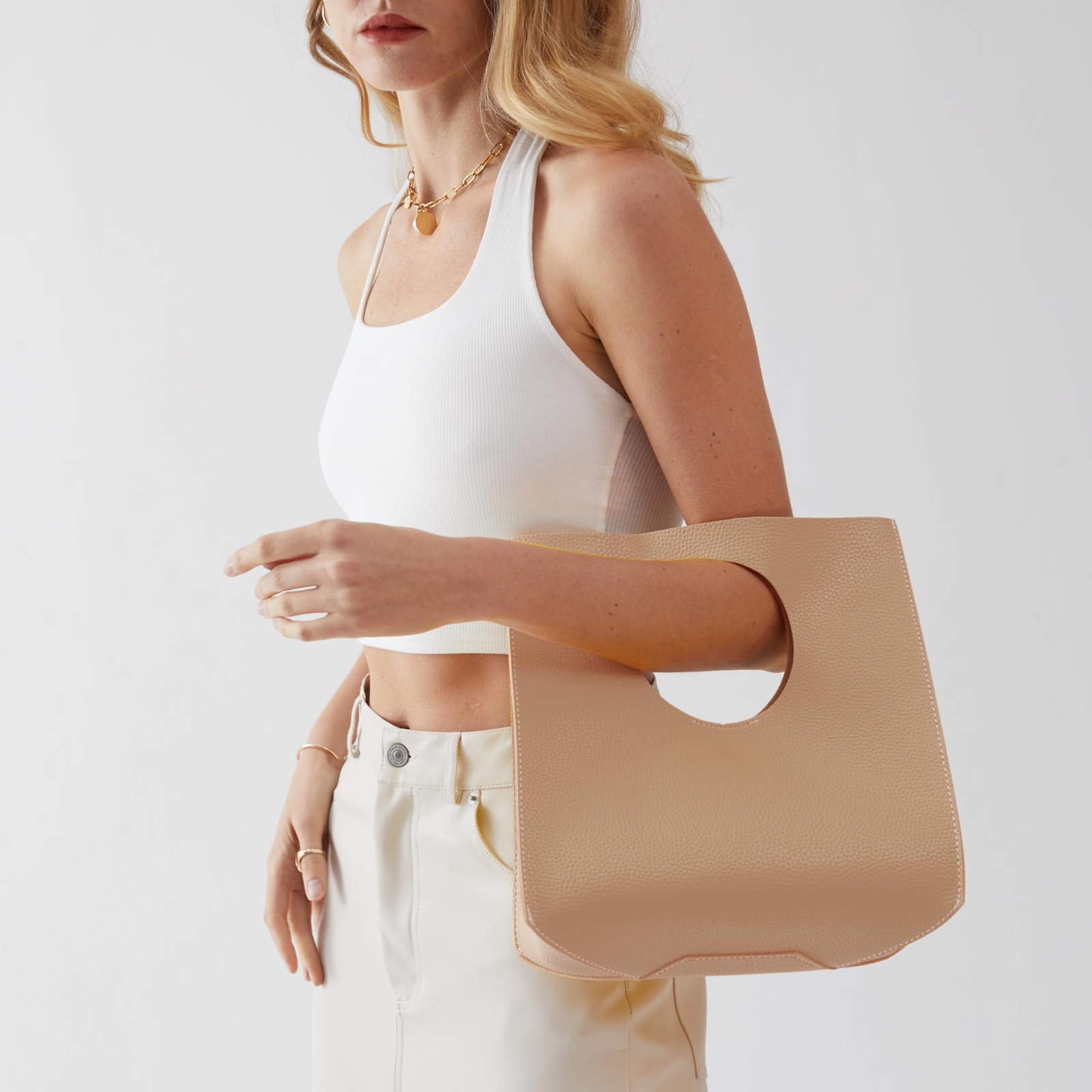 Minimalist Style Soft Pu Leather Handbag Clutch Small Tote Handbag Purse (Nude)
