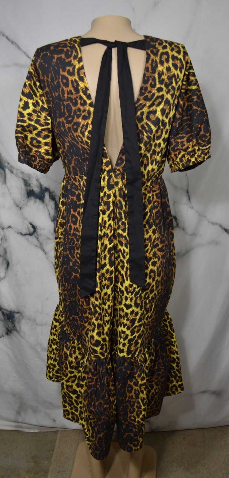 TOPSHOP Black Brown Yellow Animal Print Dress US 8 V Neck Front Back Short Slvs