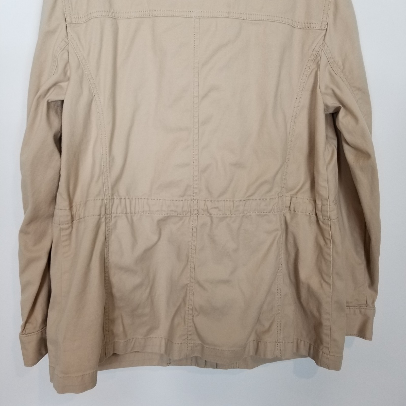 Talbots Womens Safari Jacket Sz M Beige Flap Pockets Stretch Drawstring Button