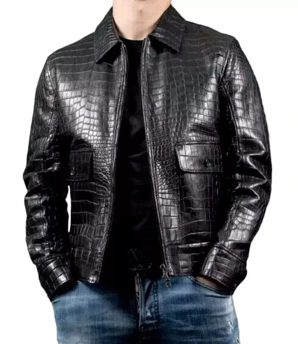 Men’s REAL LEATHER Black Crocodile Embossed Jacket Biker, All sizes Available