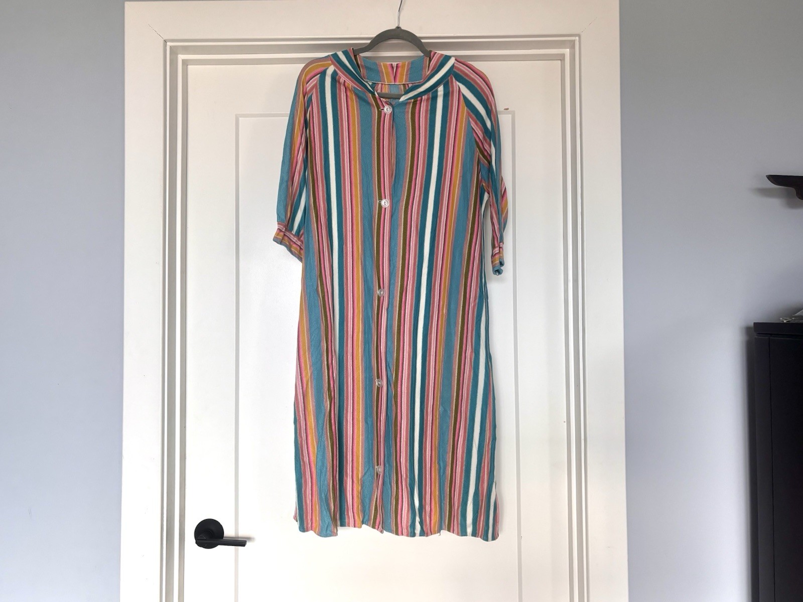 Vintage 70s Striped Colorful Terry Midi Lounge House Dress/ Pool Cover Up- Sz M