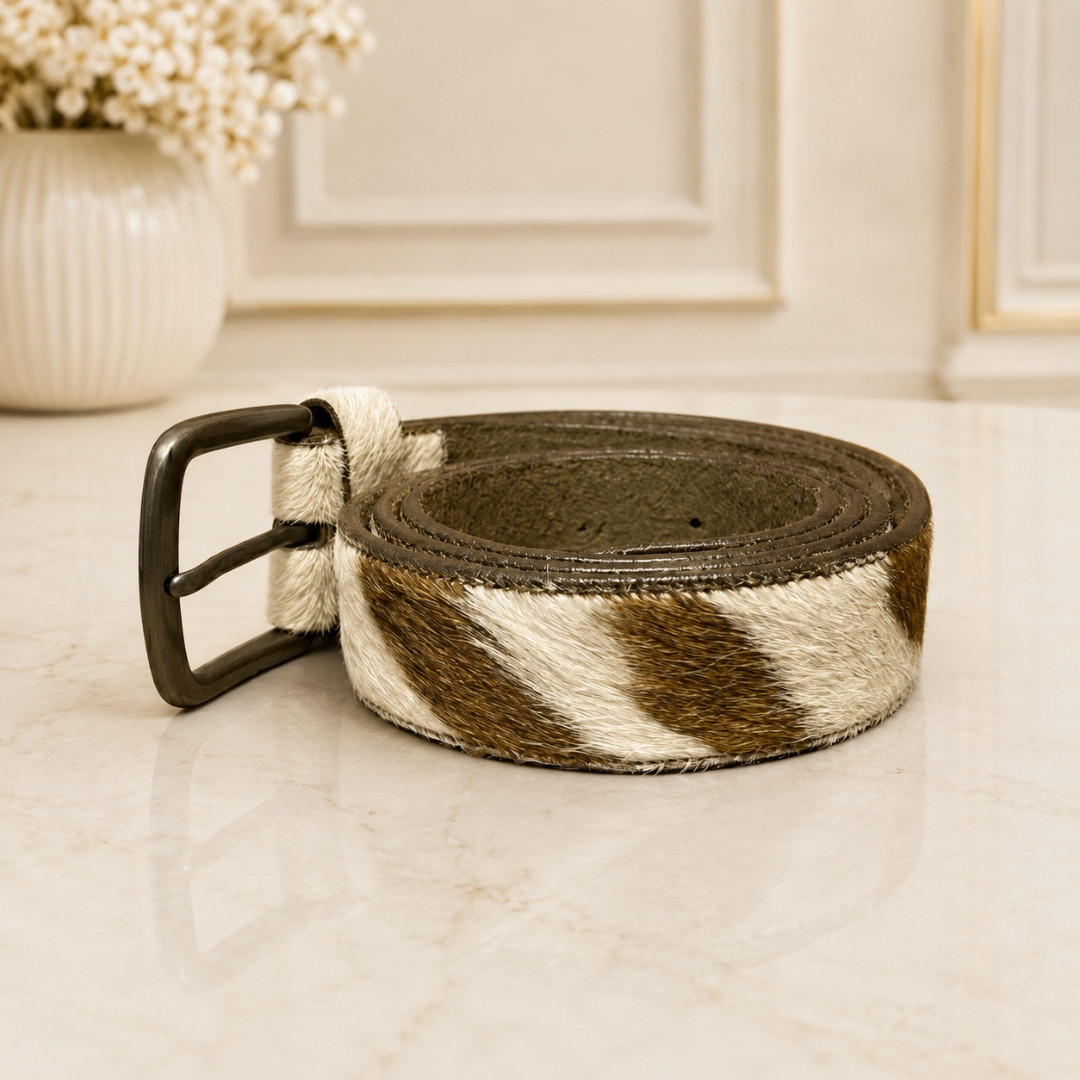 Handmade Brown White Hair-On Cowhide Leather Belt Western Gunmetal Buckle