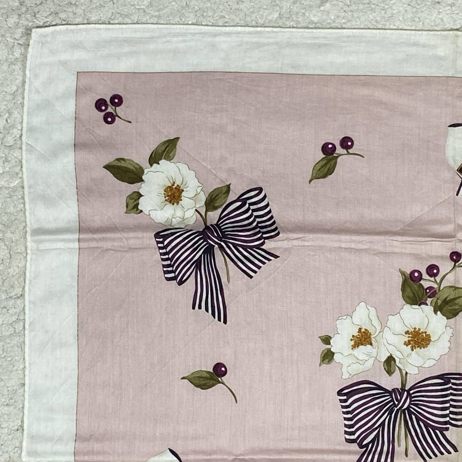 Nina Ricci Pocket Square Cotton Floral Bow Pink White 22”X22” Vintage