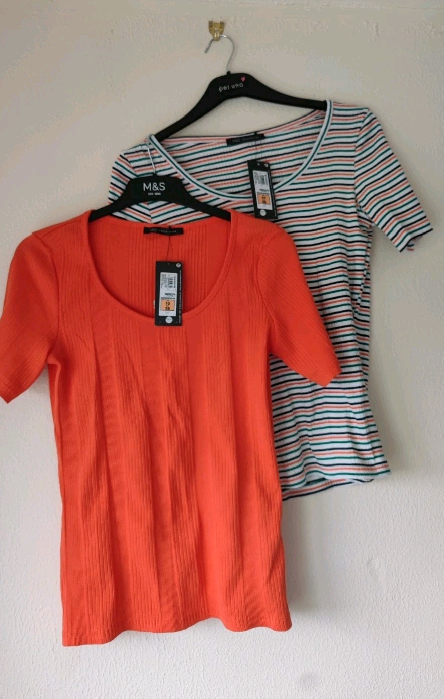 BNWT bundle x2 M&S S 10 green orange waffle texture coton t shirts stretch strip