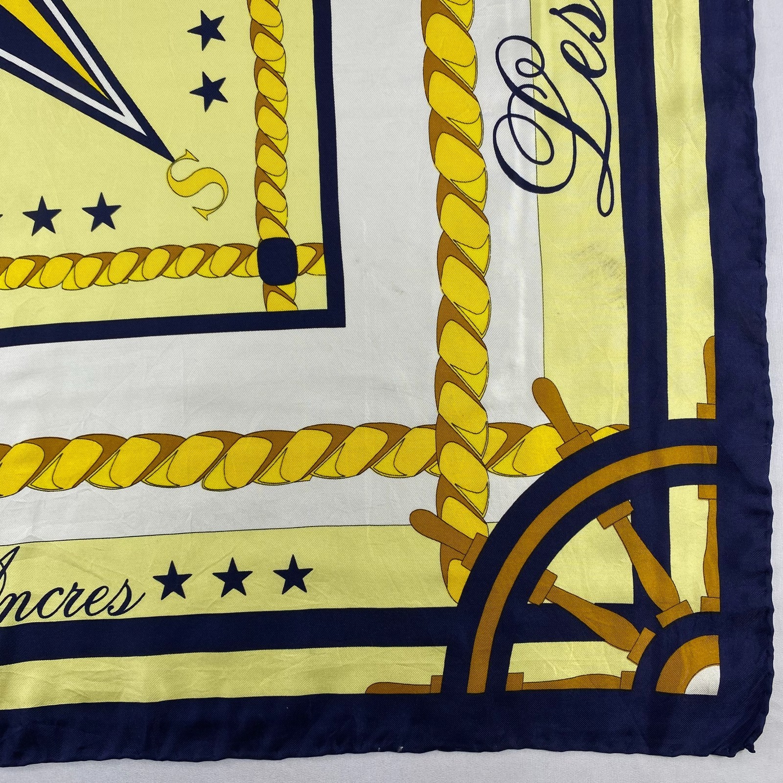 Vintage Les Deux Ancres Nautical Silk Scarf Marine Compass Anchor Navy Yellow