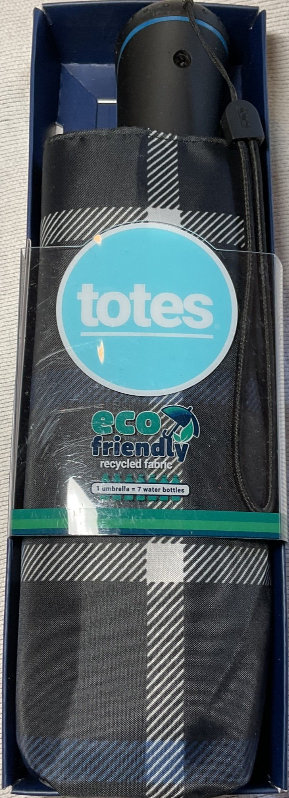TOTES WOMEN’S UMBRELLA MINI BLACK BLUE PLAID 6 inches PUSH TO OPEN CLOSE NWT