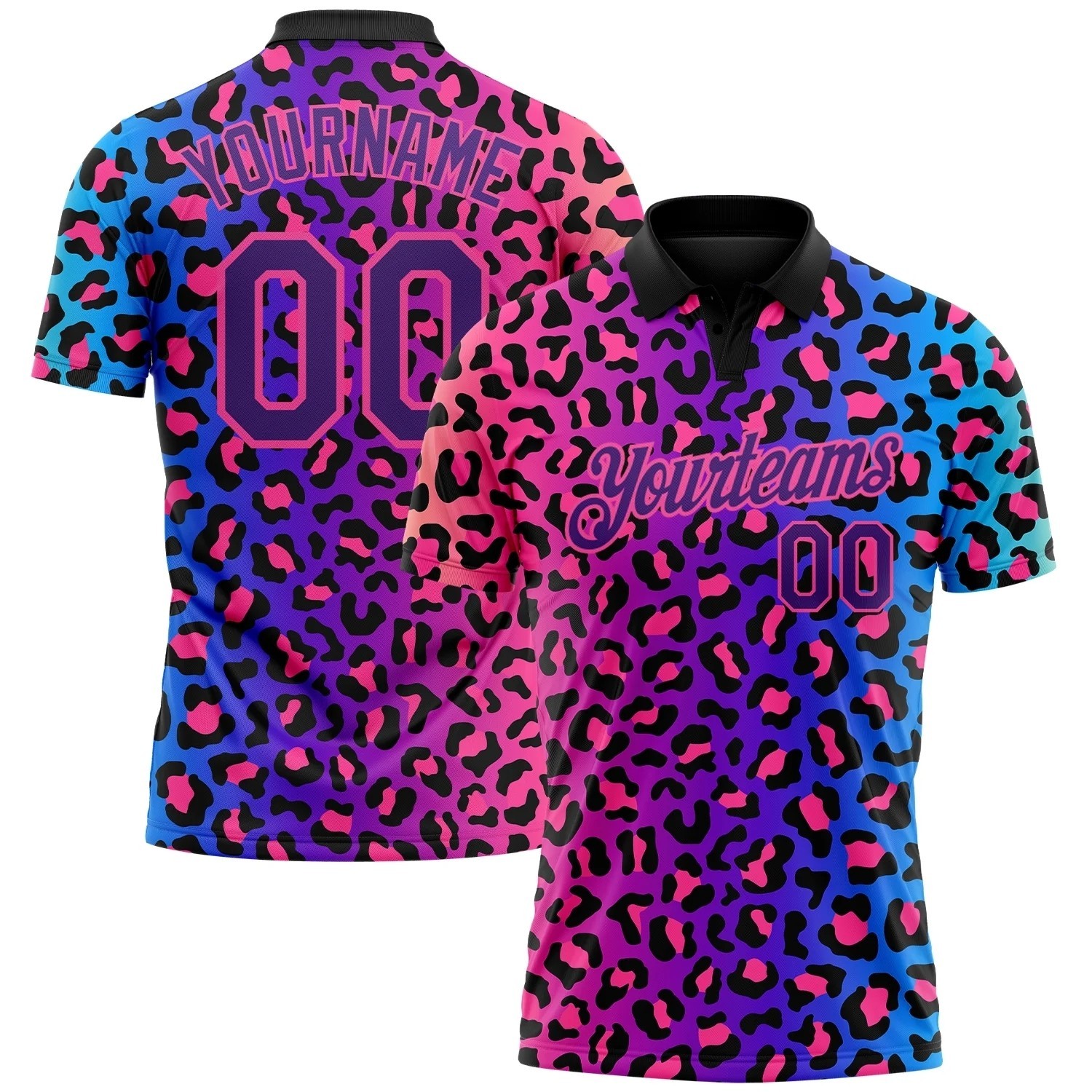 Custom Pink Purple-Black 3D Pattern Design Leopard Print Performance Golf Polo S