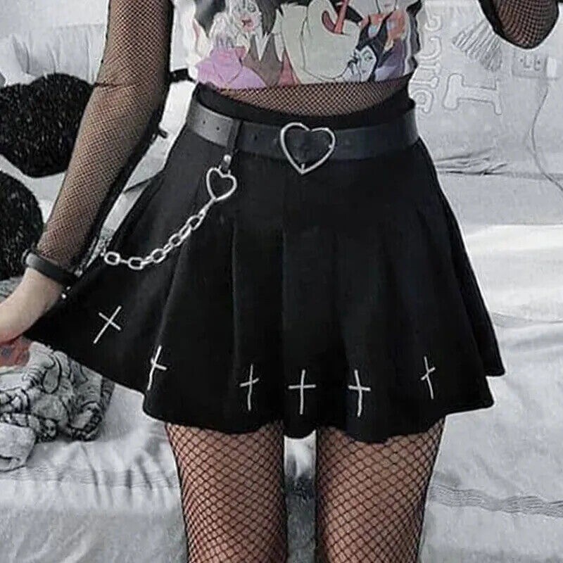 High Waist Mini Skirts Punk Pleated Skirt Gothic Streetwear Cross Print Pleated