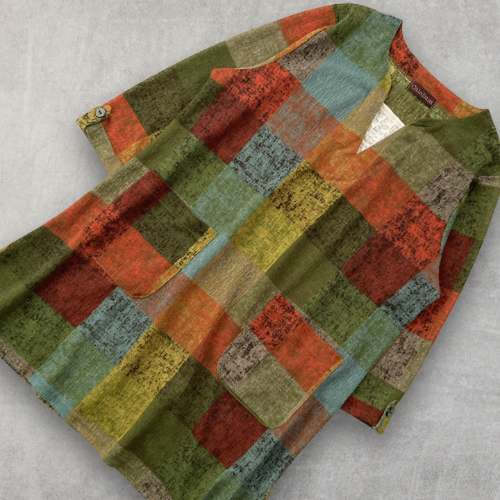 Boho Patchwork Style Plaid Tunic Top 3/4 Sleeve Key Neck Multi Color Loose Fit