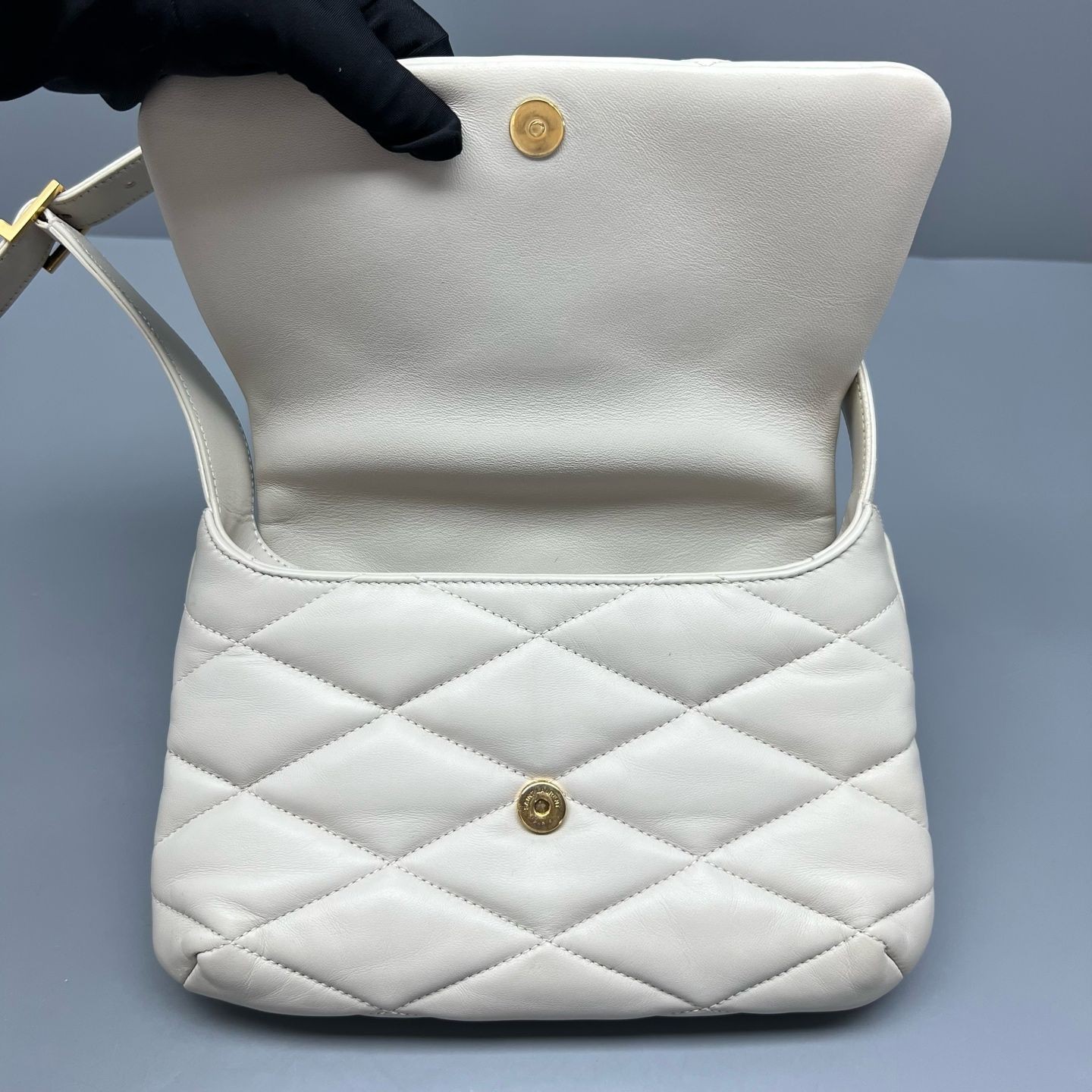 Saint Laurent Puffer Hobo Shoulder Bag White Leather GHW Adjustable Strap Auth
