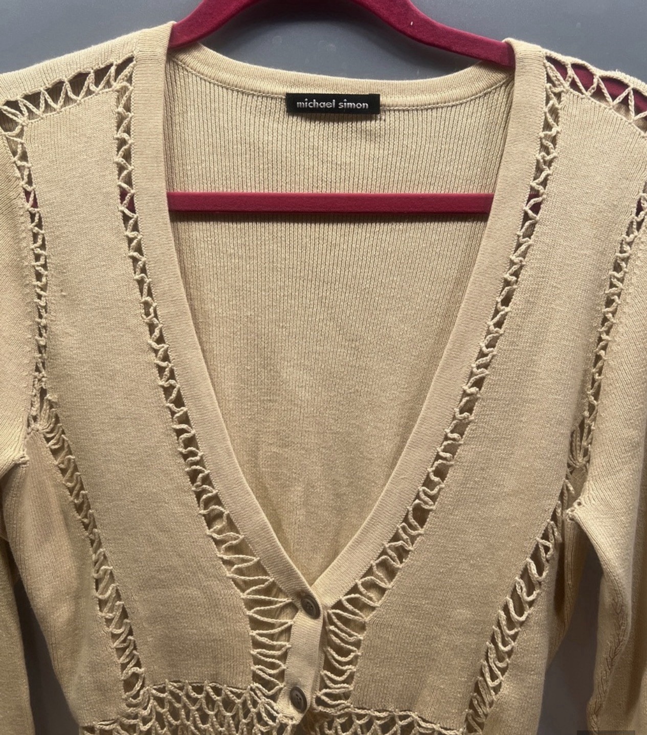 Michael Simon silk angora blend sweater 2 button fish net boho chic M