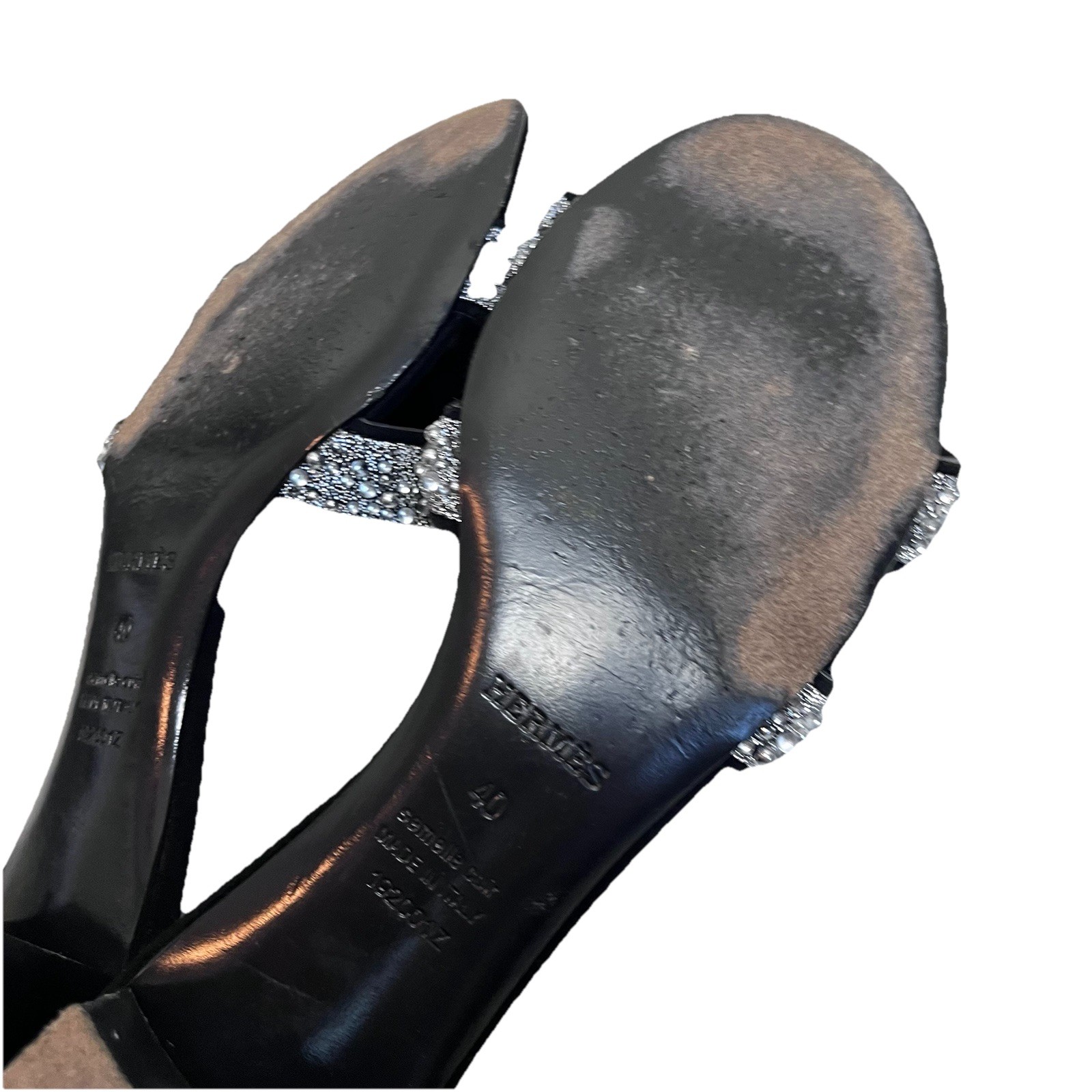 Hermès Oran Crystal Heeled Mule Sandals Black Leather 40 Silver Glitter Heels