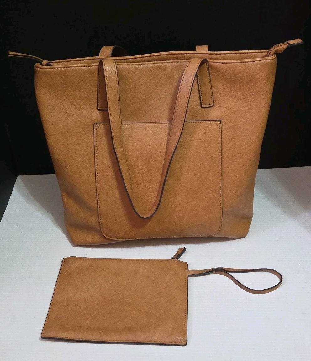 Womens Brown Vinyl Tote Shoulder Stylish Everyday Purse Bag & Cosmetic Bag 17×13