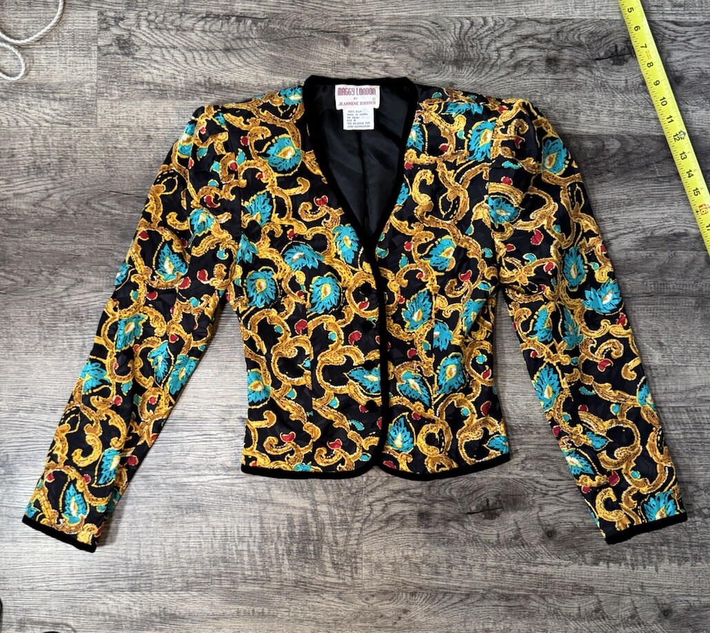 Maggy London 100% Silk Colorfull Retro Uniform Size 4 Cropped Puffed Shoulder