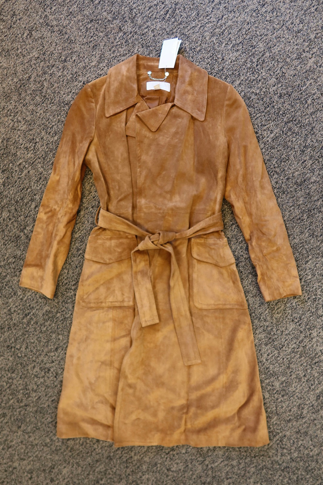 $695 New Michael Kors Calf Suede Buttonless Trench Coat – MEDIUM – Acorn Brown