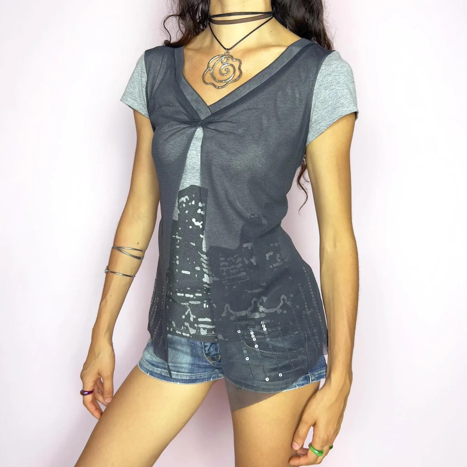 Vintage Gray Mesh Top Print Cityscape Skyline Sheer Grunge Y2K 2000s Size M