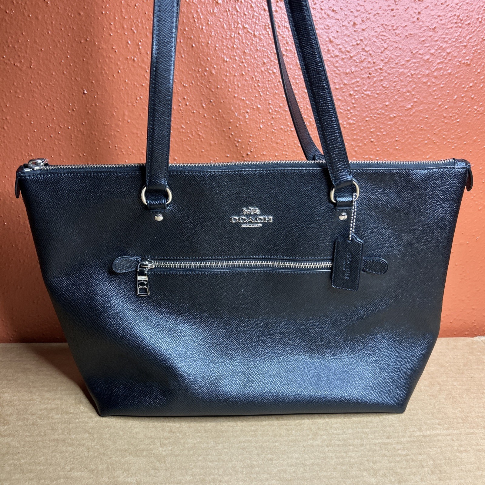 Coach Gallery Zip City Tote Bag Leather F79608 Black Silver