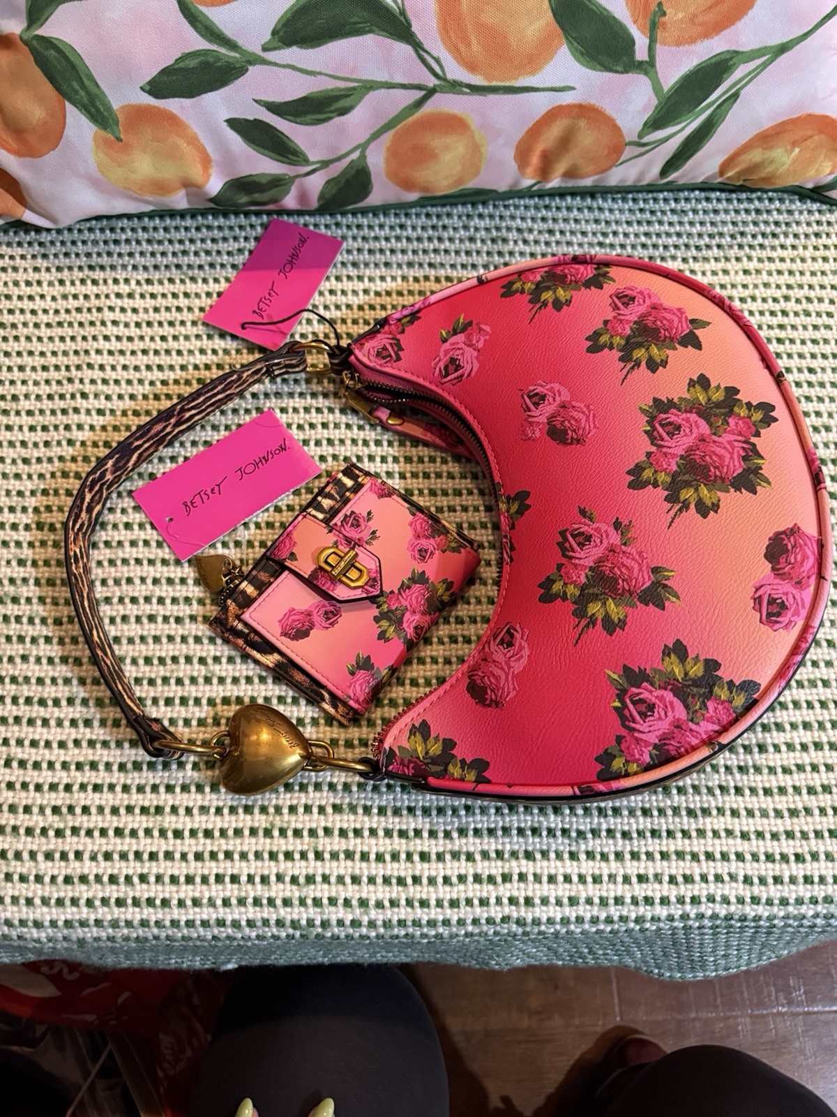 Betsey Johnson Pink Floral Crescent Shoulder Bag Zip Coin Purse