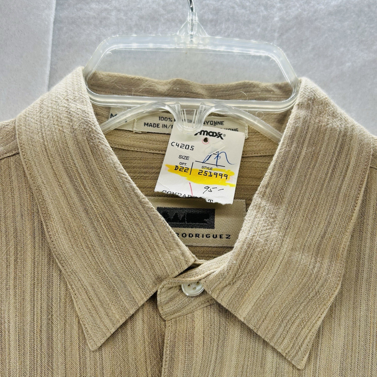 Vintage Wilke Rodriguez 100% Rayon Mens Long Sleeve Shirt Tan Medium NWT