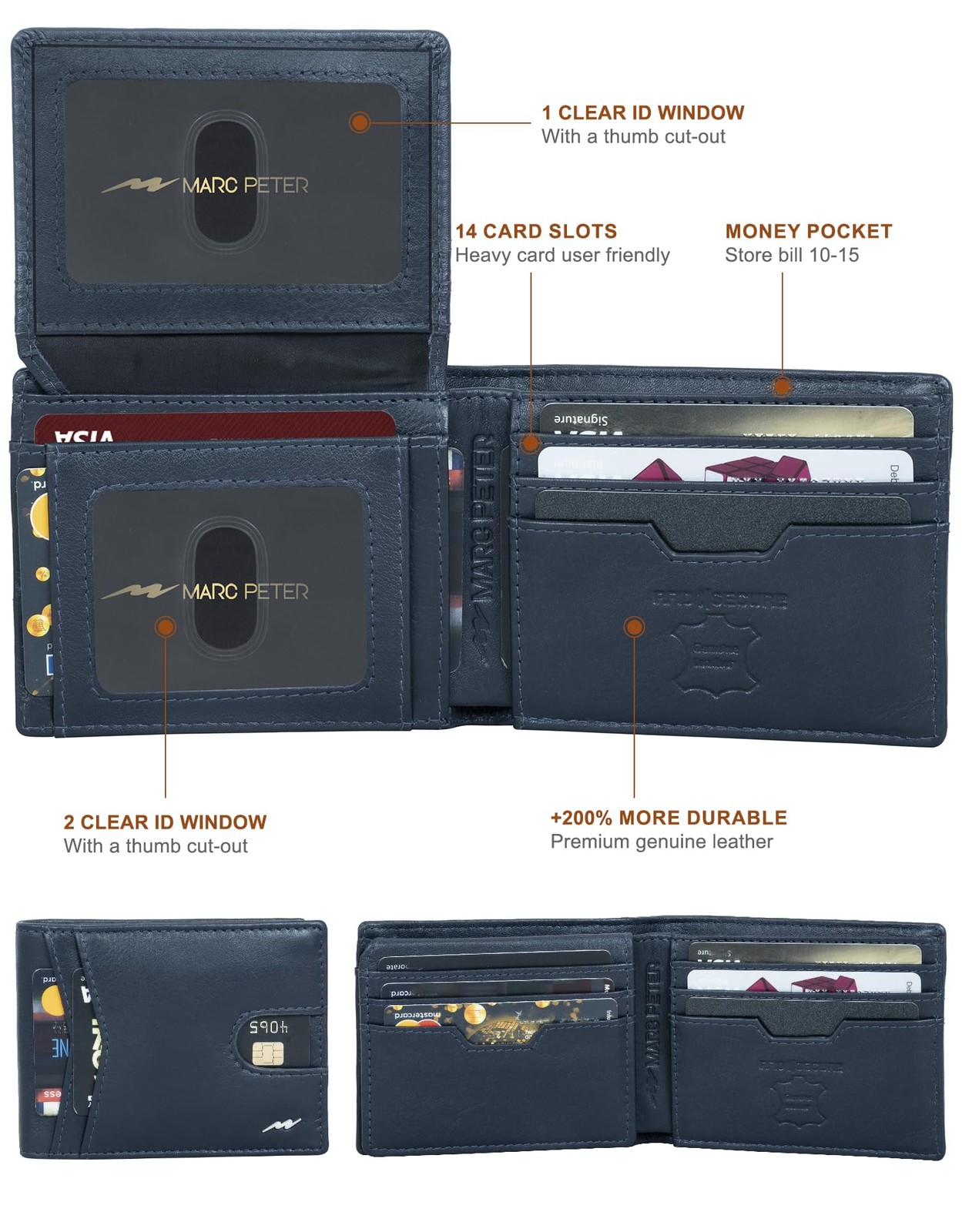 Marc Peter Wallet for Men Slim Bifold RFID Blocking 10.5×8.2×1.3 cm, Navy