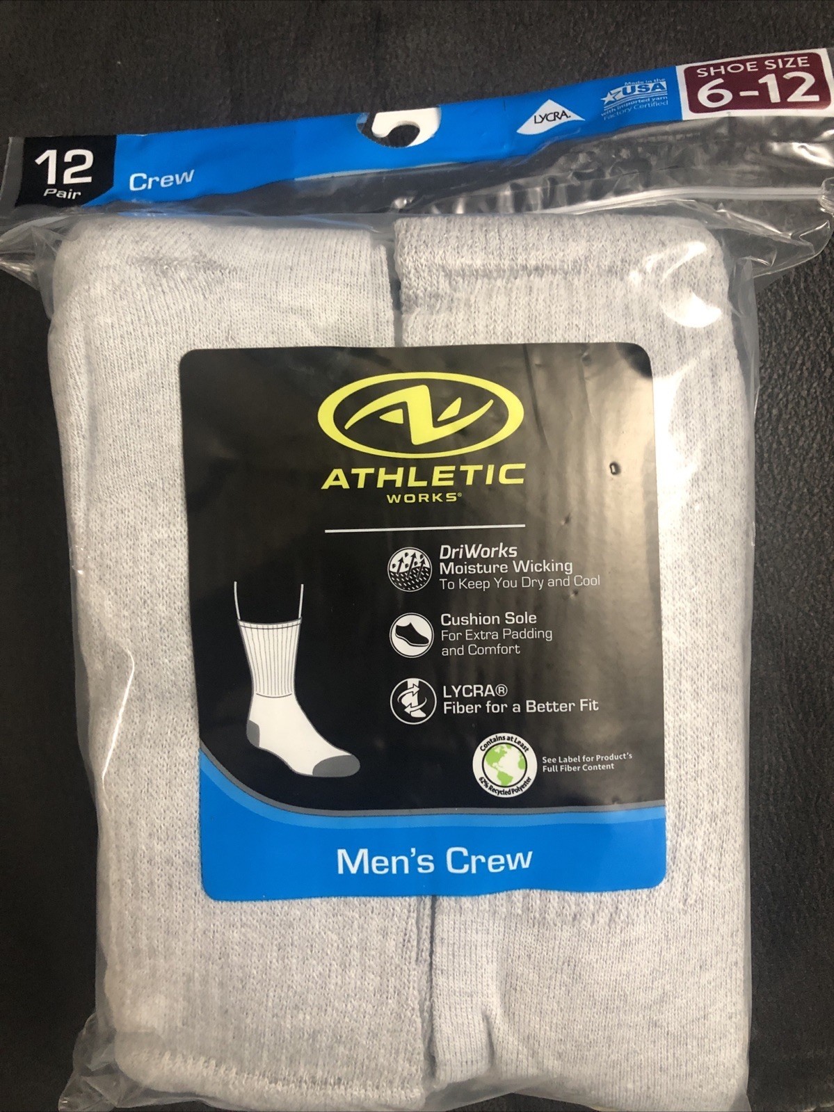 Athletic Works Men’s Crew Socks 12-Pack | Cushioned, Recycled, Moisture-Wick