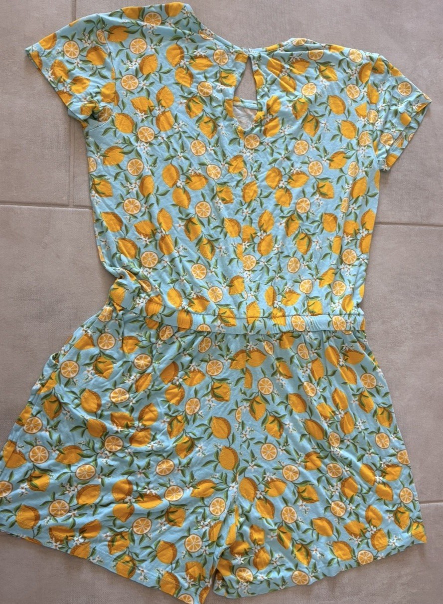 Alex’s Lemonade Stand Lemon Fruit Romper Size L Pockets Stretch Drawstring Waist