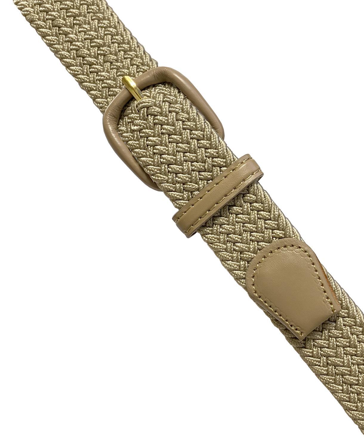 Beige Belt Leather Covered Buckle Woven Elastic Stretch Belt 1-1/4″ Wide