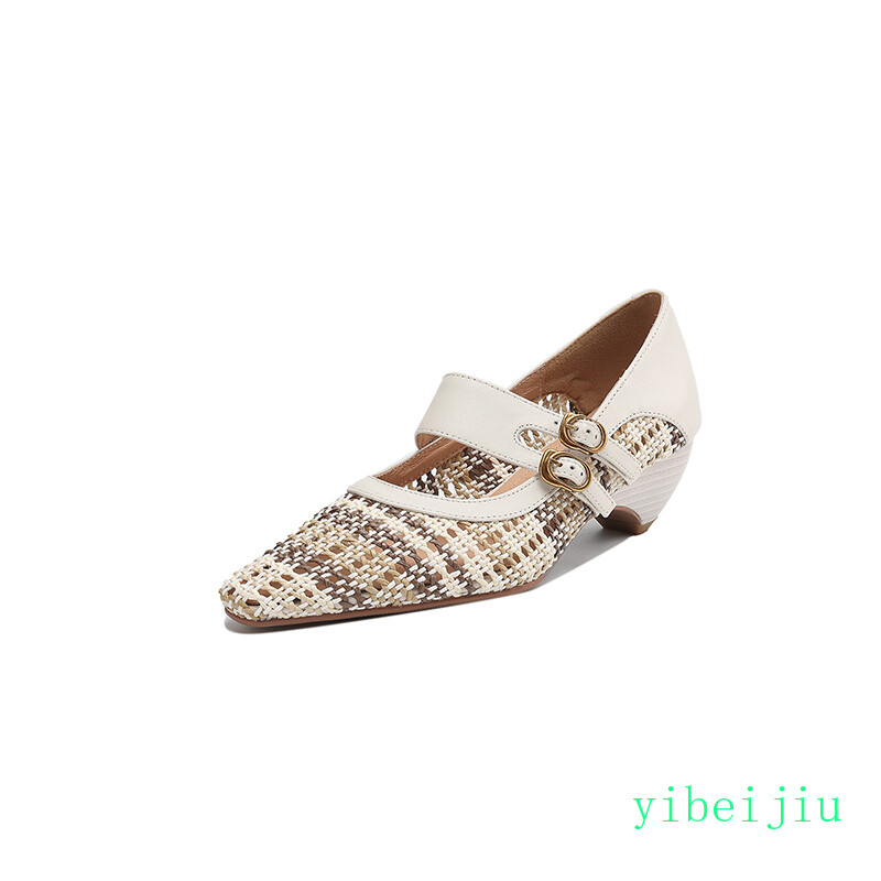Women’s Low Heel Mary Janes Weave Leather Dress Sandals Shoes Formal Breathable