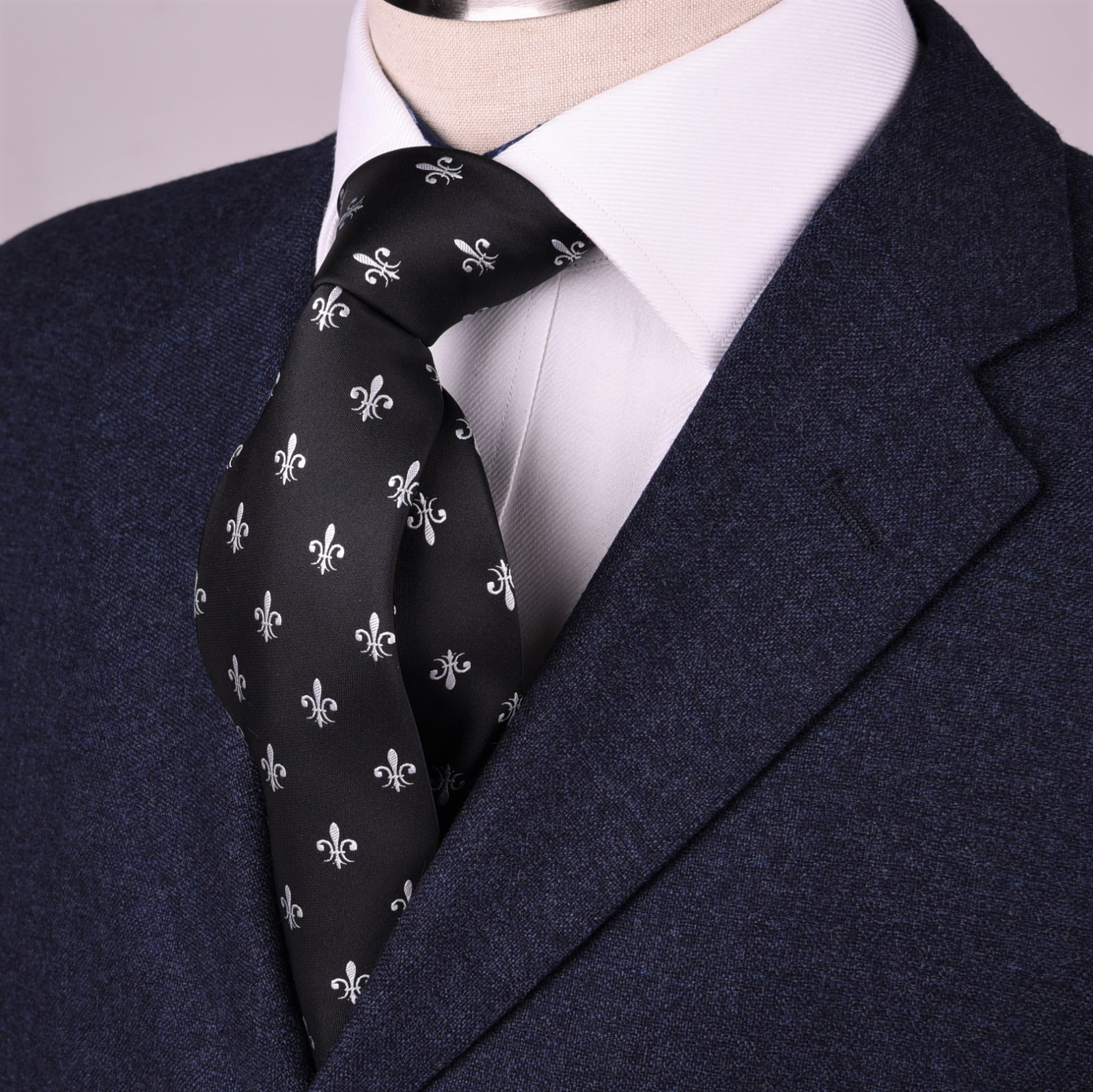 Black Italian Fleur-De-Lis White Designer Tie 8cm Necktie Mens Accessory Fashion