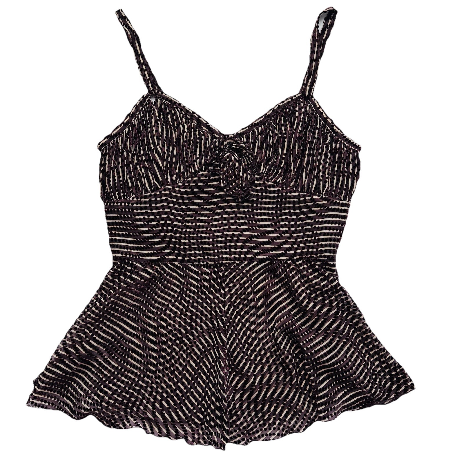 Anna Sui Spaghetti Strap Top Women’s 10 Brown Stripes Polka Dots Silk Blend