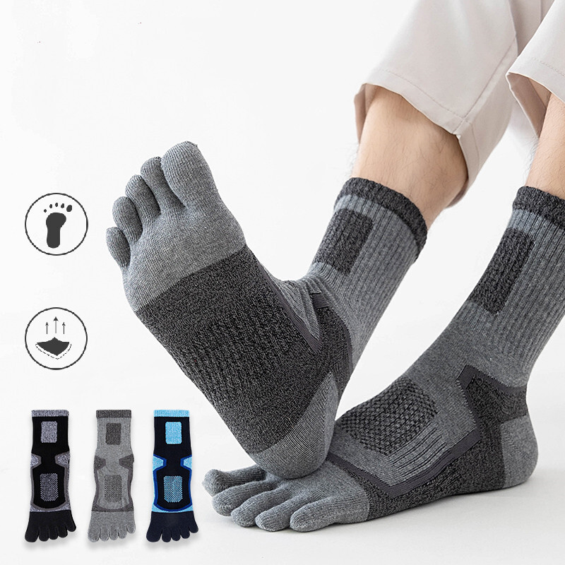 3Pairs Men Five Finger Separate Athletic Toe Crew Socks Sport Causal Cotton 7-11