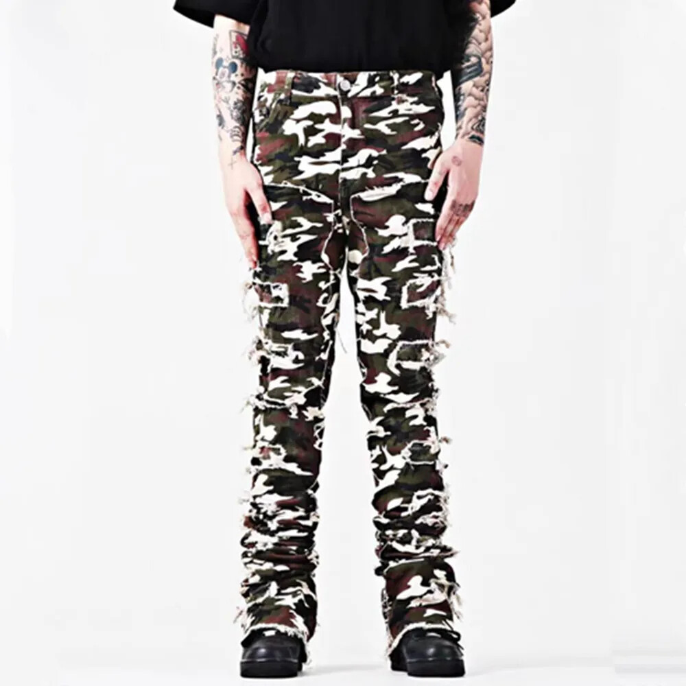 Men Fashion Jeans Street Stretch Patch Skinny Denim Straight Stacked Slim Pants
