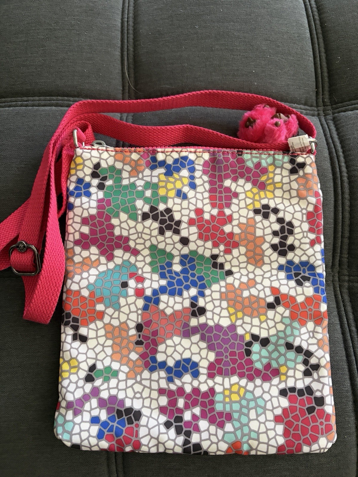 Kipling Mosaic Print Small Crossbody Bag, Pink Strap, Zip, Monkey Charm