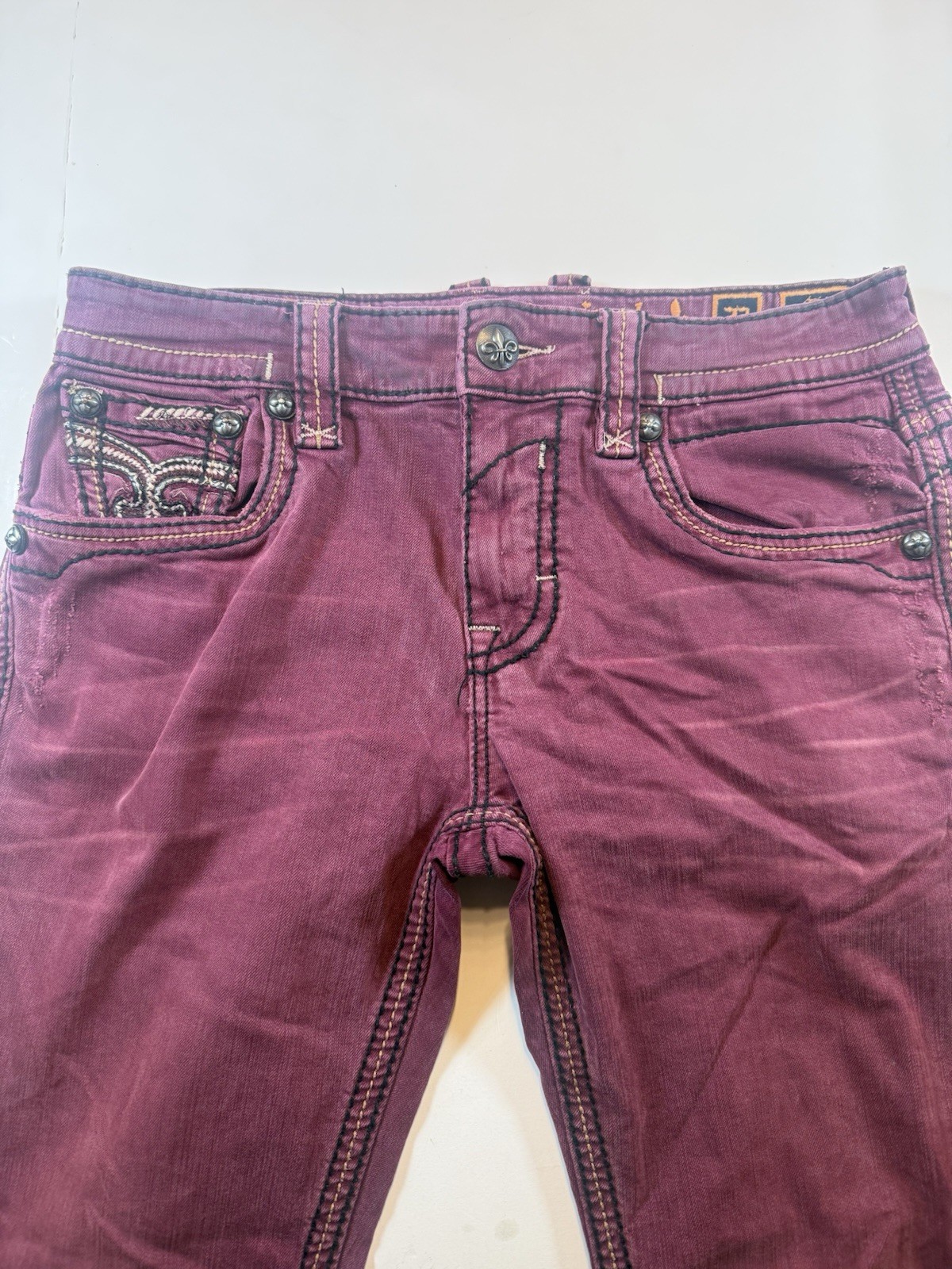 Rock Revival Mikey Straight Jeans 32×32 Purple Eggplant Fleur De Lis Embroidered