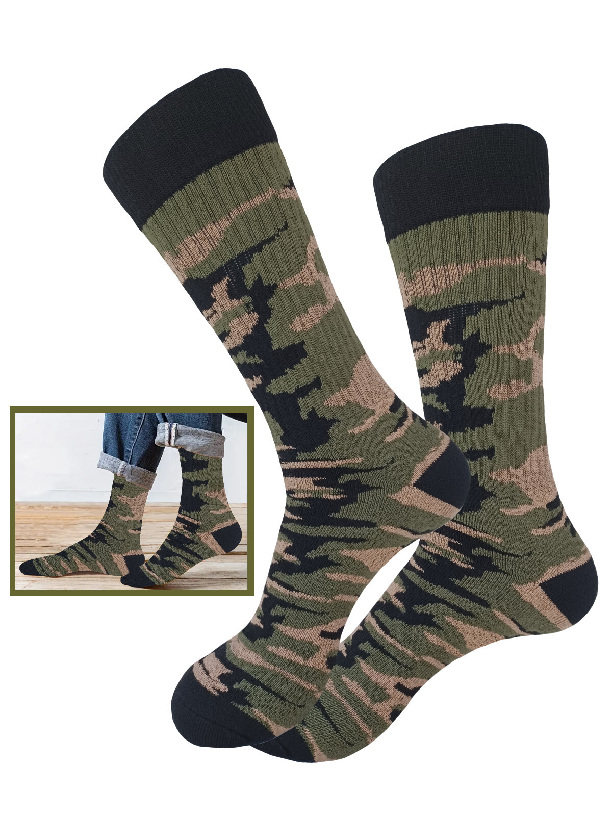 ONE PAIR COTTON CAMOUFLAGE CREW ARMY SOCKS SIZE 10-13 TRUE TO SIZE OLIVE GREEN