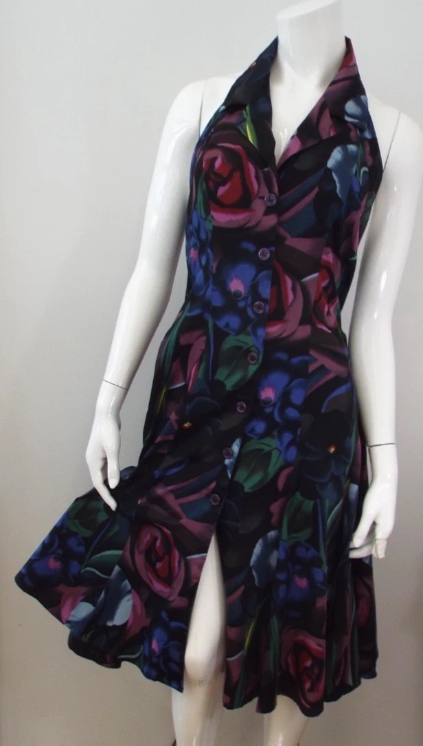 KENZO Paris Floral Cotton Halter Sun Dress Size 40 Full Skirt Backless Pockets