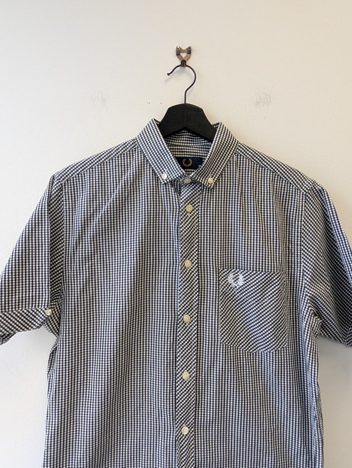 Fred Perry Gingham Check Shirt Mens Large Black and White Short Sleeve Mod 60s