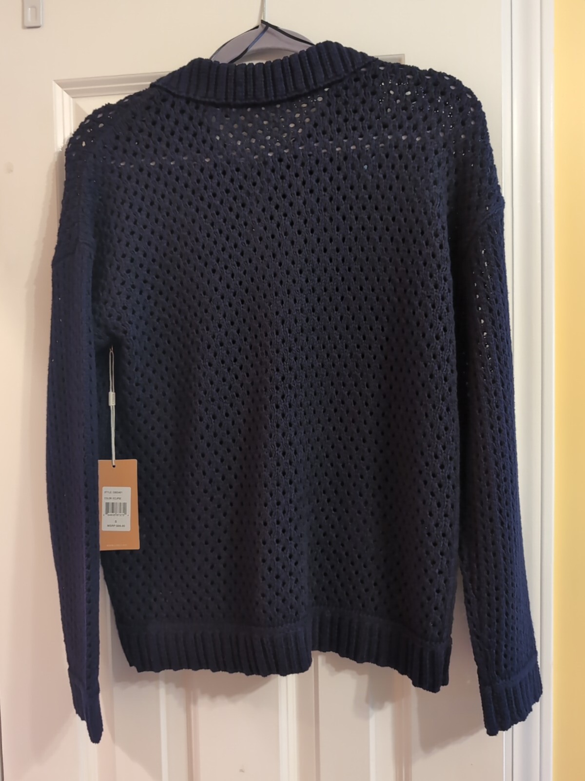 NAVY Blue PULL OVER SWEATER TEXTURED CROCHET COTTON BLEND WOMEN SZ Small,New