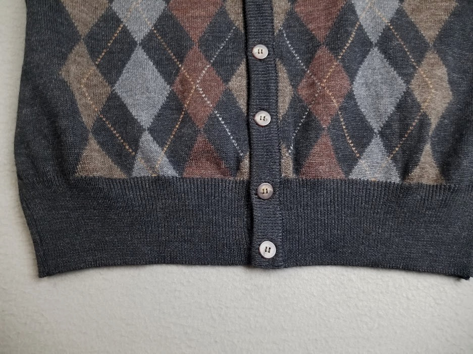 Tricots St Raphael Sweater Vest Men L Dark Gray Argyle Wool Button Front Preppy