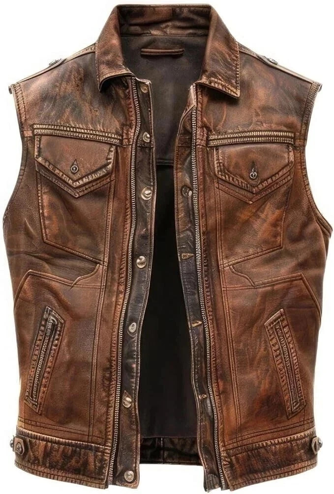 Men’s Vintage Brown Real Leather Motorcycle Biker Vest Jacket – New Style
