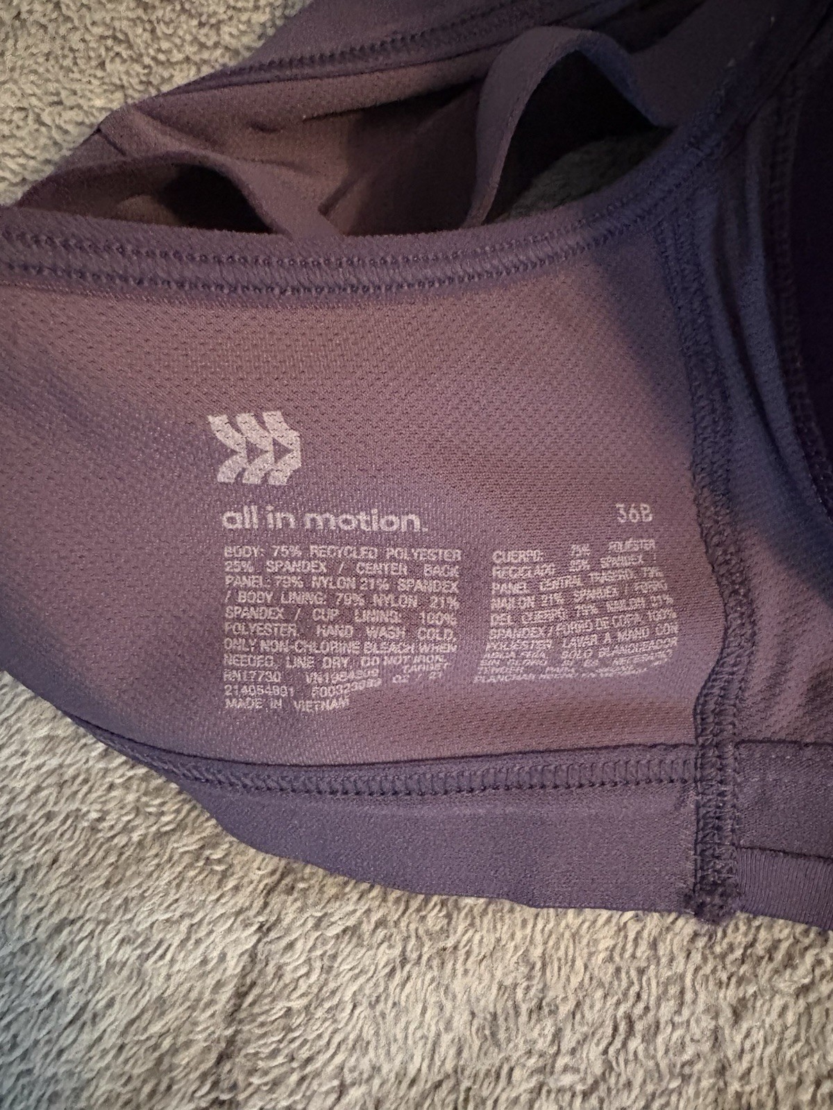 All In Motion Purple Sports Bra 36B Front Zipper Adjustable Straps Padded