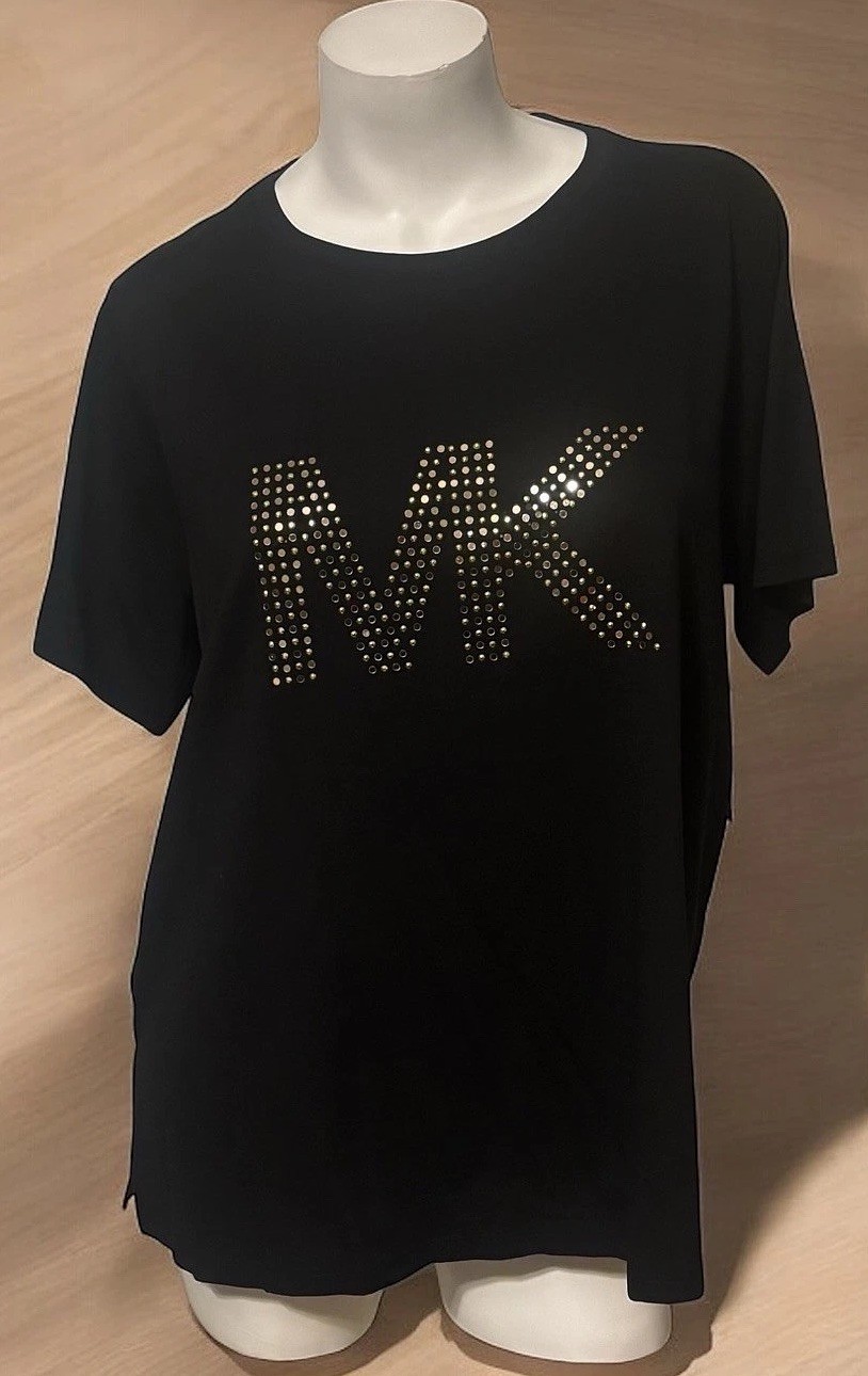 NWT WOMEN’S MICHAEL KORS BLACK GOLD-TONE STUDDED LOGO T-SHIRT SZ 2X MSRP $88.00